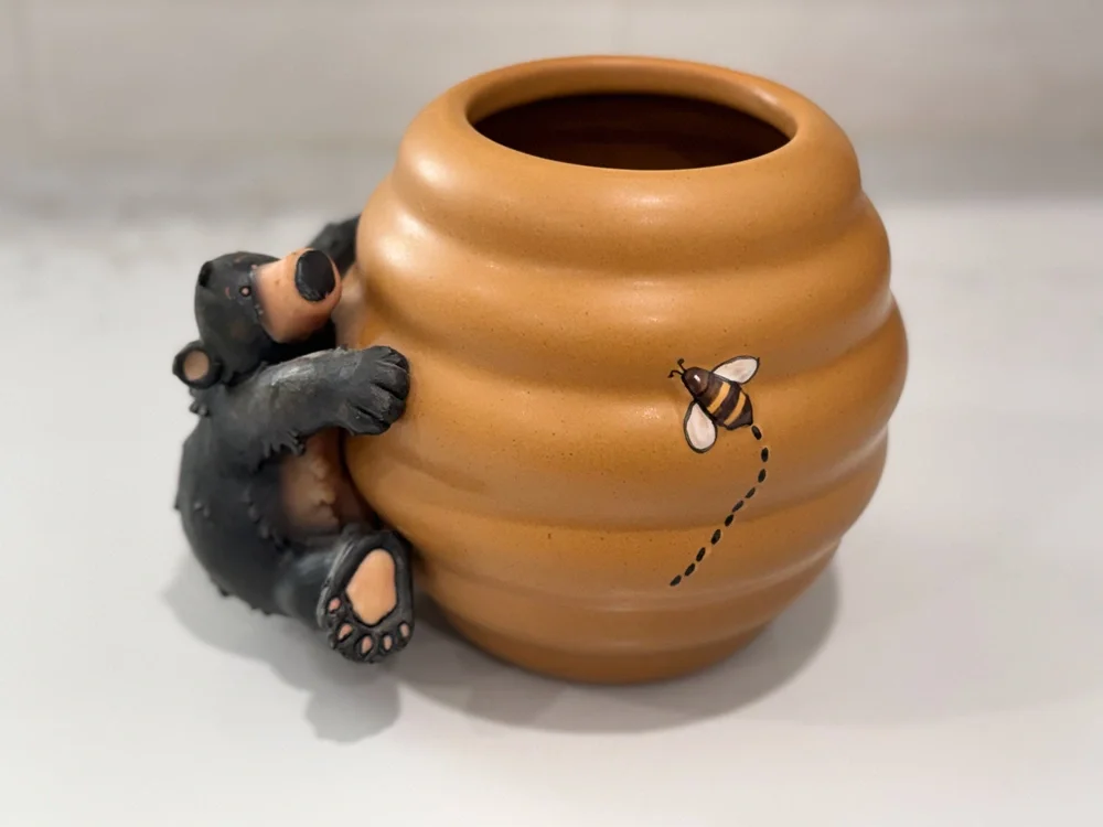 Honour Ceramic Beehive 3D Black Bear Rustic Utensil Holder Planter Log Cabin